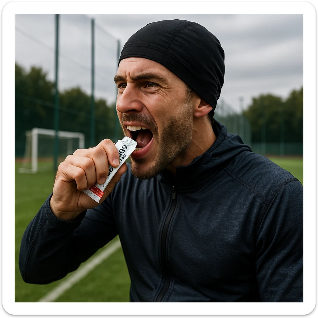 realistic 4K quality image of a sporty man in technical clothing consuming a sugar packet near a soccer field, energetic expression, rapid recovery atmosphere sticker