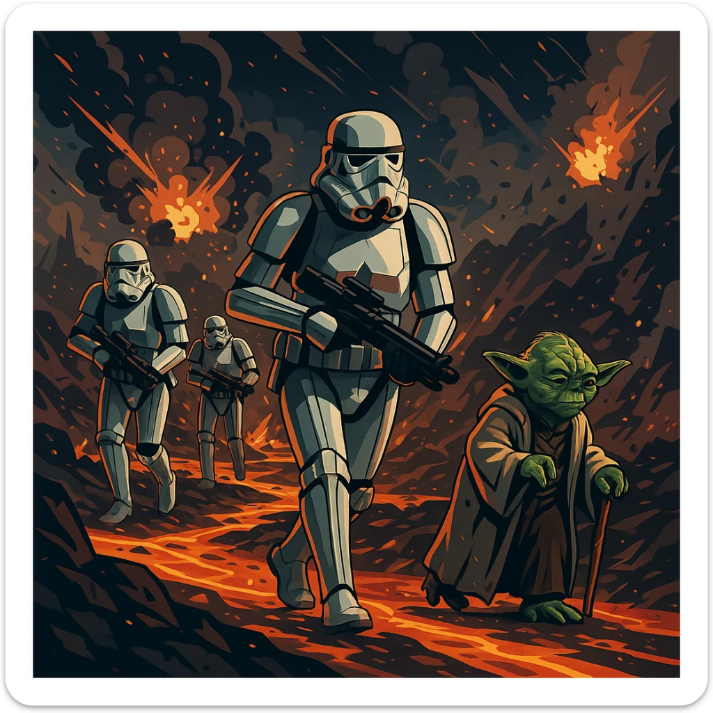 vector art of a Starwars stormtroopers is walking on lava planet with yoda, battleground background 
 sticker
