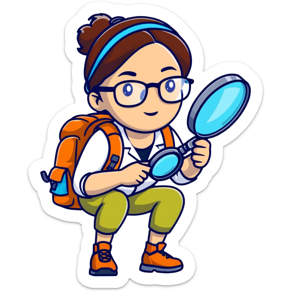 Adventurous woman scientist in her late 30s, glasses, vibrant hiking gear, examining with one magnifying glass, bold colorful style sticker