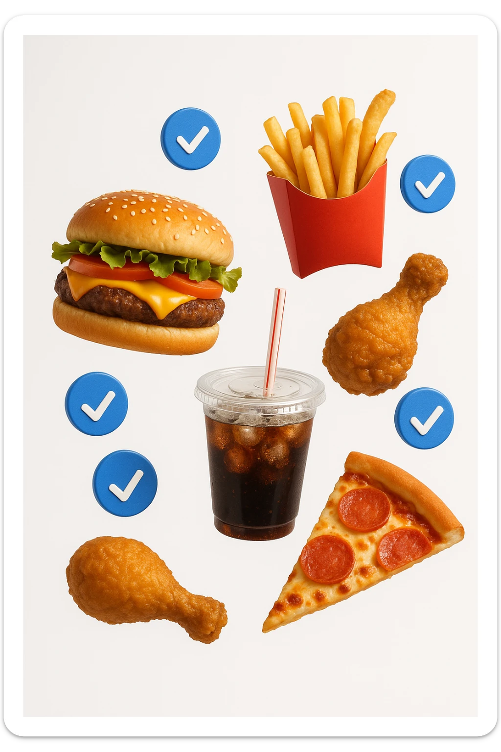 fast food realistico fluttua in aria insieme a spunte di verificato in 3d, sfondo bianco sticker