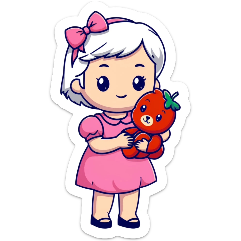 girl with white hair holding a strawberry wearing a pink dress holding a teddy bear sticker