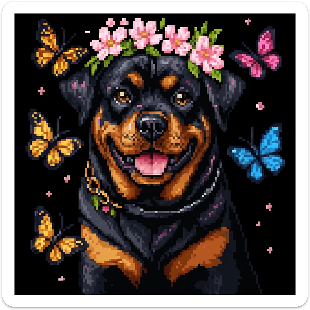 Add butterflies fluttering around the rottweiler with a cherry blossom flower crown, keep the original style and colors pixel art style sticker