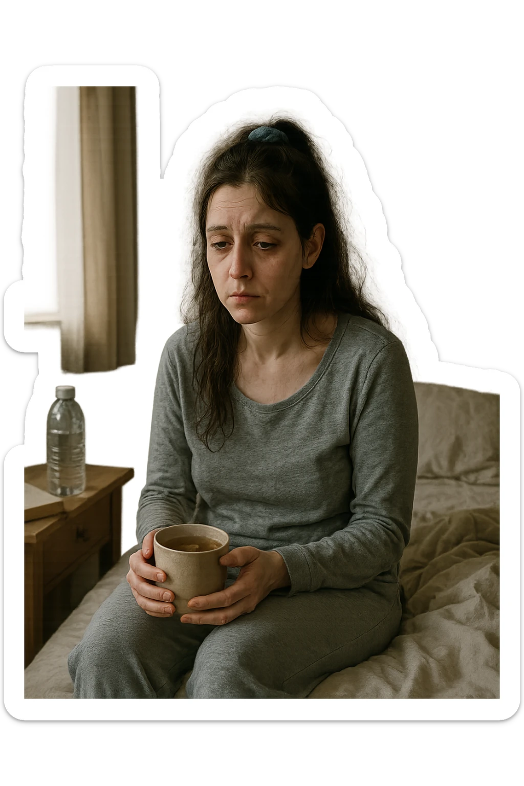 A realistic, cinematic illustration of a woman in her early 30s with a tired, pale appearance, sitting on the edge of her bed in a softly lit bedroom during the morning, looking exhausted and drained. Her posture is slightly slouched, and dark circles are visible under her eyes. She wears comfortable loungewear, holding a warm cup of herbal tea in her hands, seeking comfort. The scene includes a cozy yet slightly messy room with a blanket, a water bottle, and a book on the nightstand, emphasizing chronic fatigue. Soft natural light comes through the window, highlighting her expression of persistent tiredness despite rest, capturing the invisible struggle of chronic fatigue syndrome while maintaining dignity and a gentle aesthetic. sticker