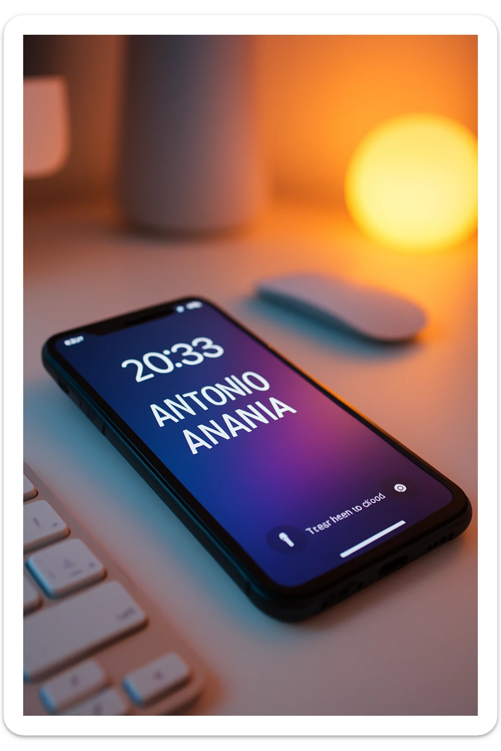 A photo of an iPhone on the desk with the message "Antonio Anania" on its screen, The phone sits atop a desk with a blurred background that suggests work environment. A faint glow from above casts gentle shadows across the surface of each object, creating depth and highlighting their textures sticker