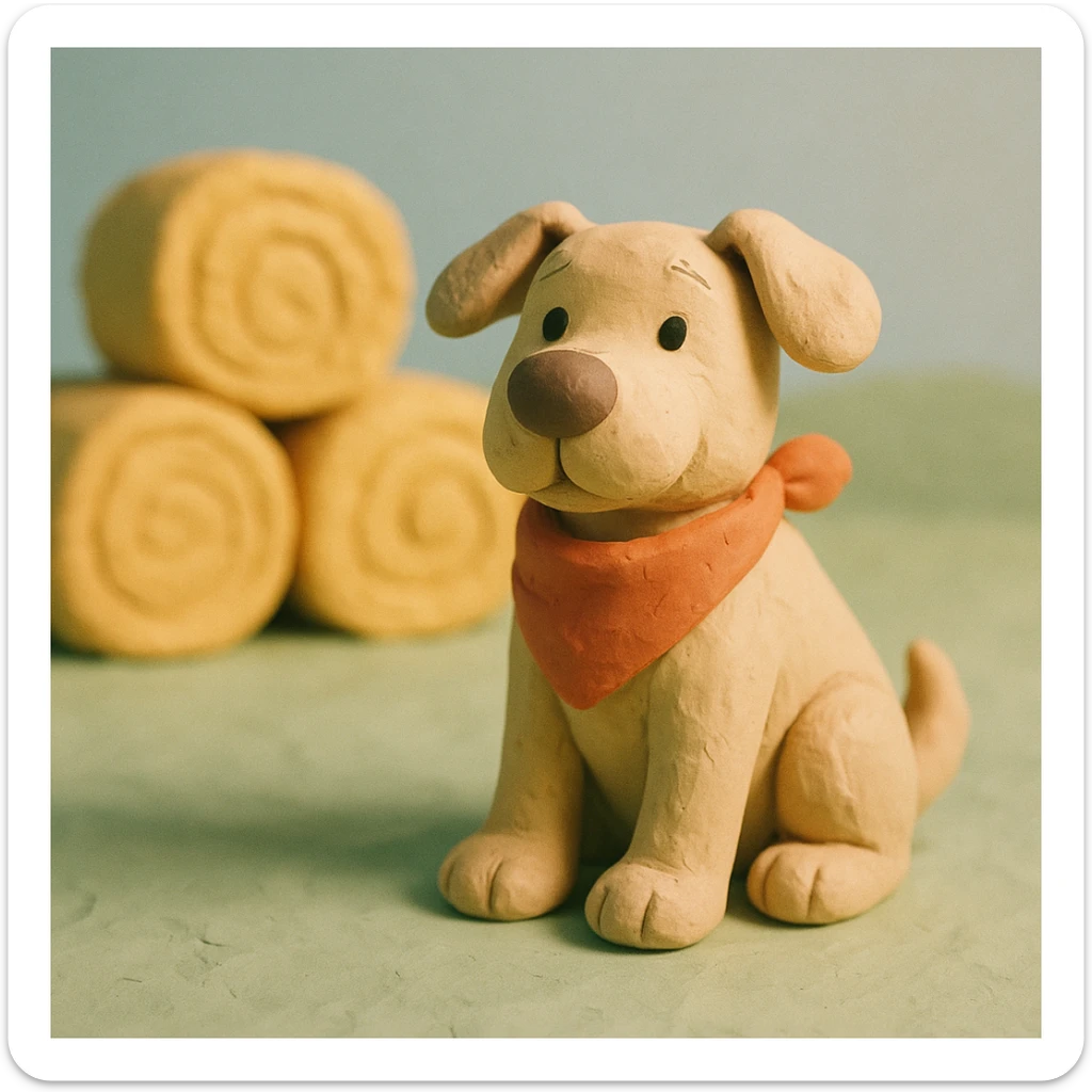 friendly farm dog with a bandana, hay bales in background, soft pastel colors, claymation style sticker