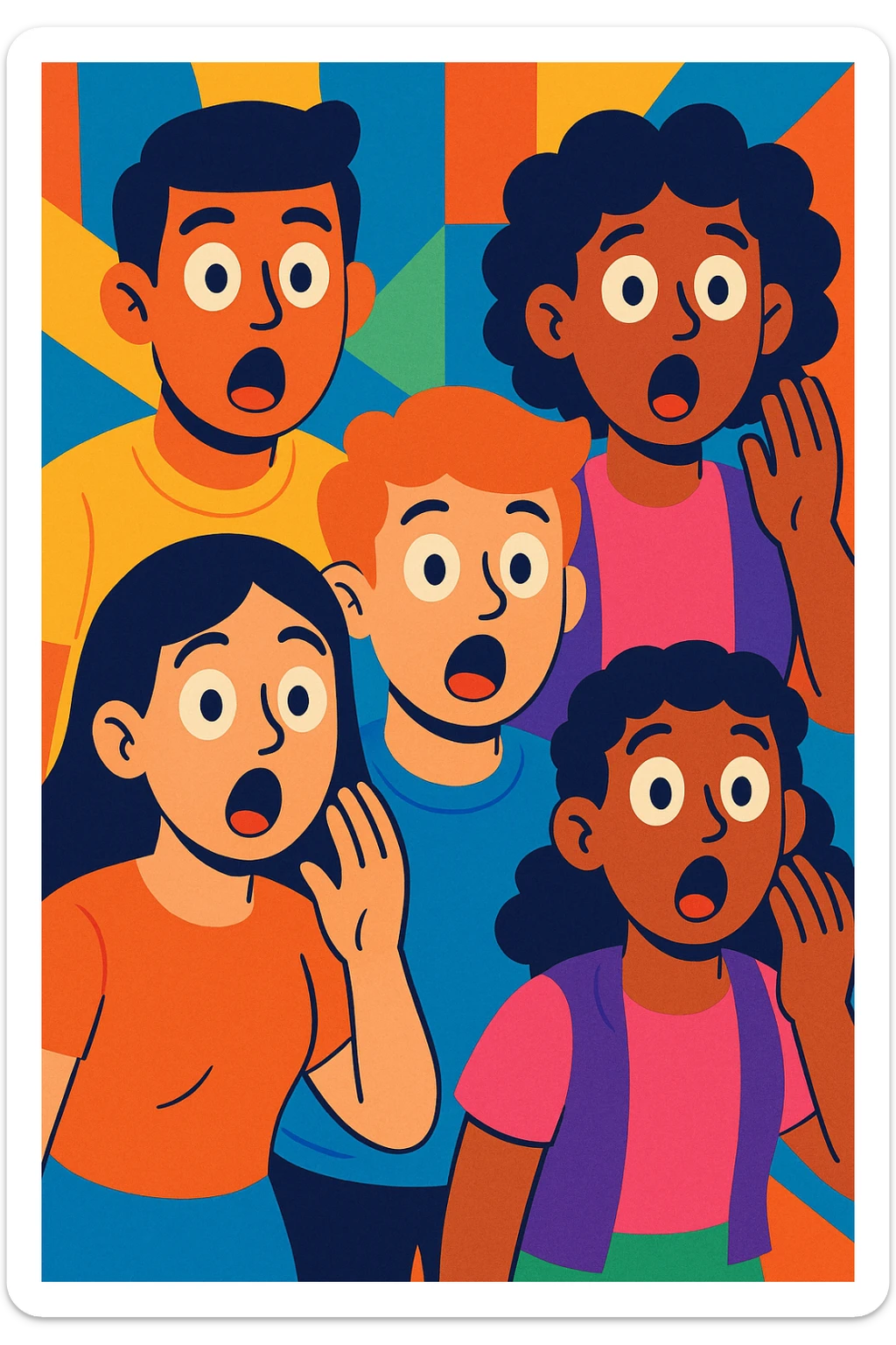 a group of young people showing surprise, colorful illustration style sticker