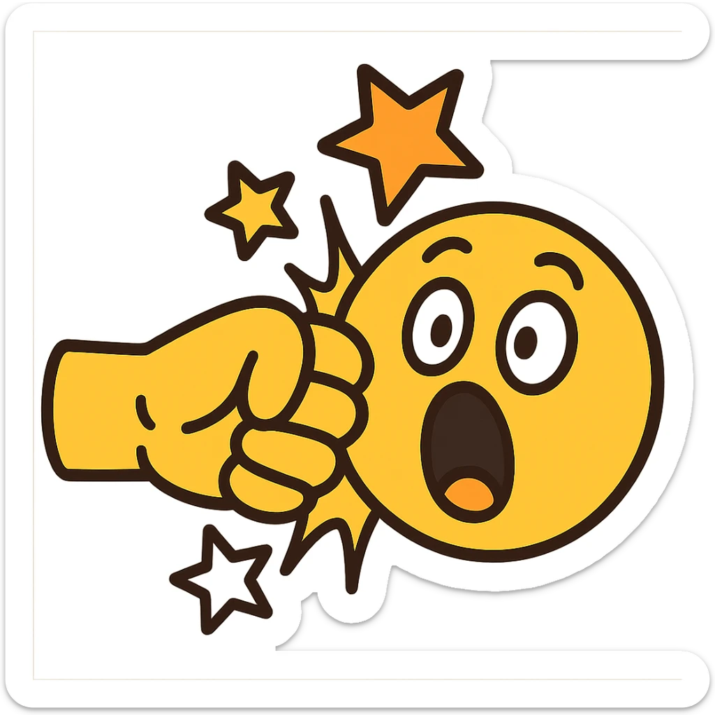 flat-toon style dramatic punch scene with yellow emoji fist hitting yellow emoji face, face has shocked expression, squished cheek, comic stars, smooth bold outlines sticker