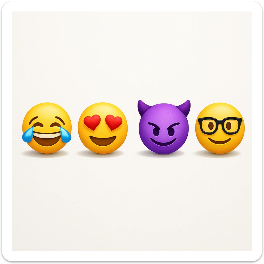 make four emojis on white background with good amount of shadow, four emojis of smiley's only. one laughing, second heart eyes, third purple devil and four black glasses emojis  sticker