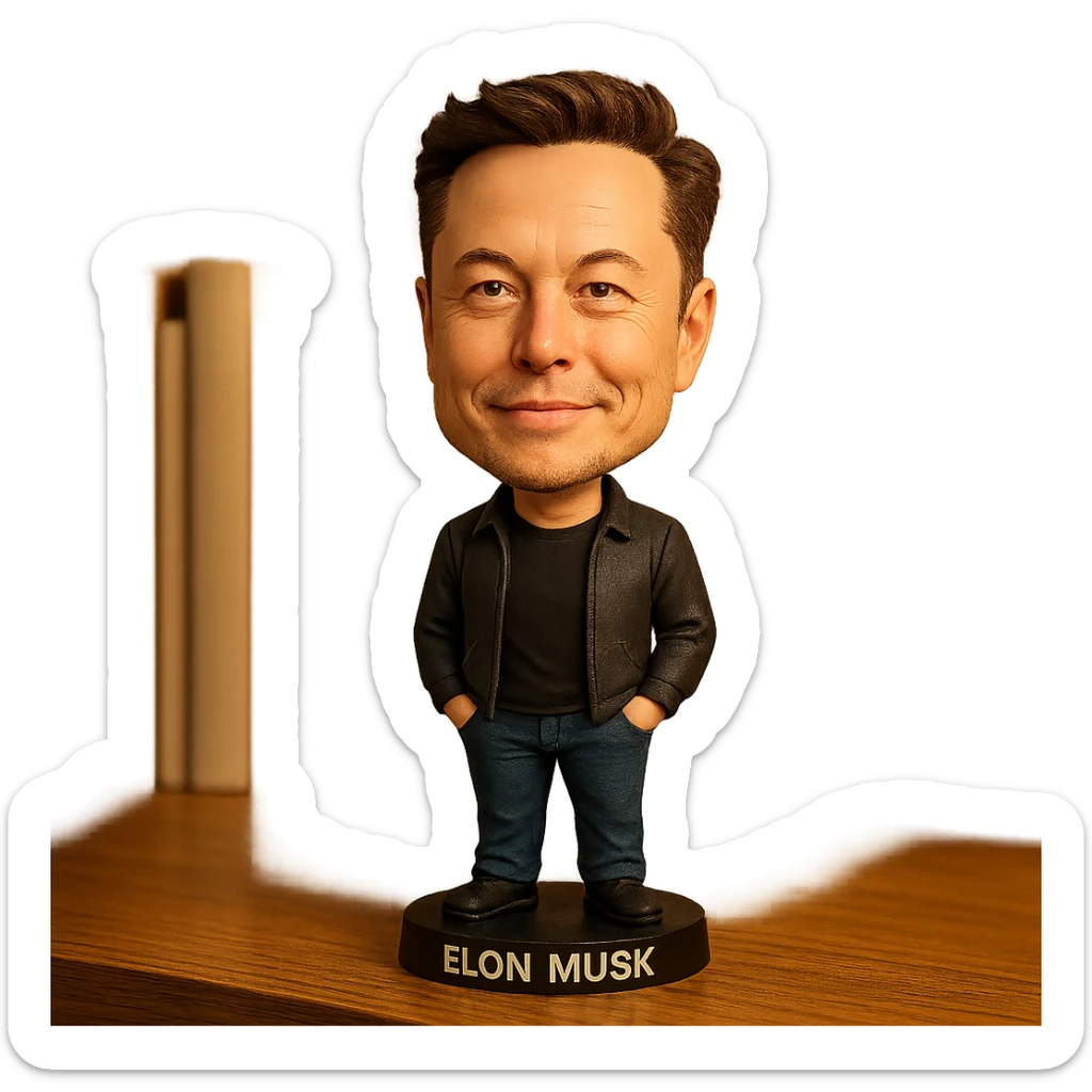 exaggerated cartoonish features bobblehead of Elon Musk in a casual outfit sticker