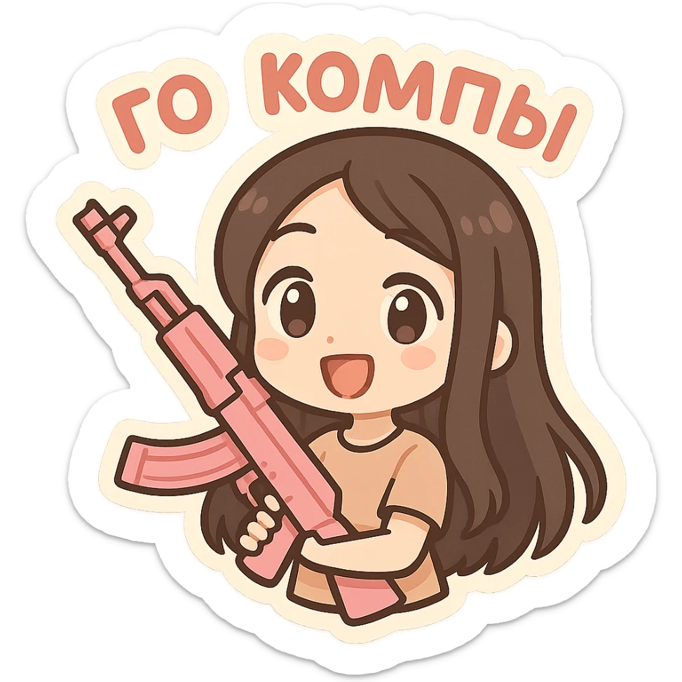 Девушка с темно коричневыми и длинными до поясницы волосами без челки держит розовый ак-47 и надпись: го в компы  sticker