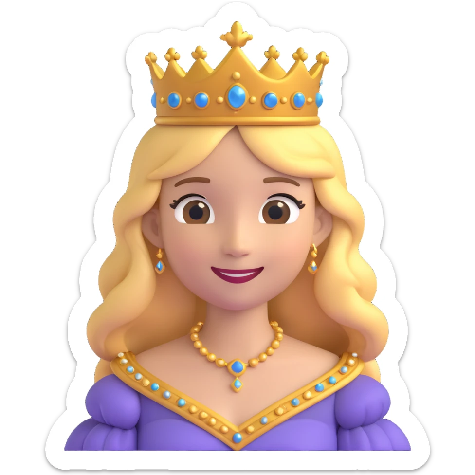 A cartoon-style princess emoji with long hair, wearing a golden crown, smiling softly, and dressed in a royal gown sticker