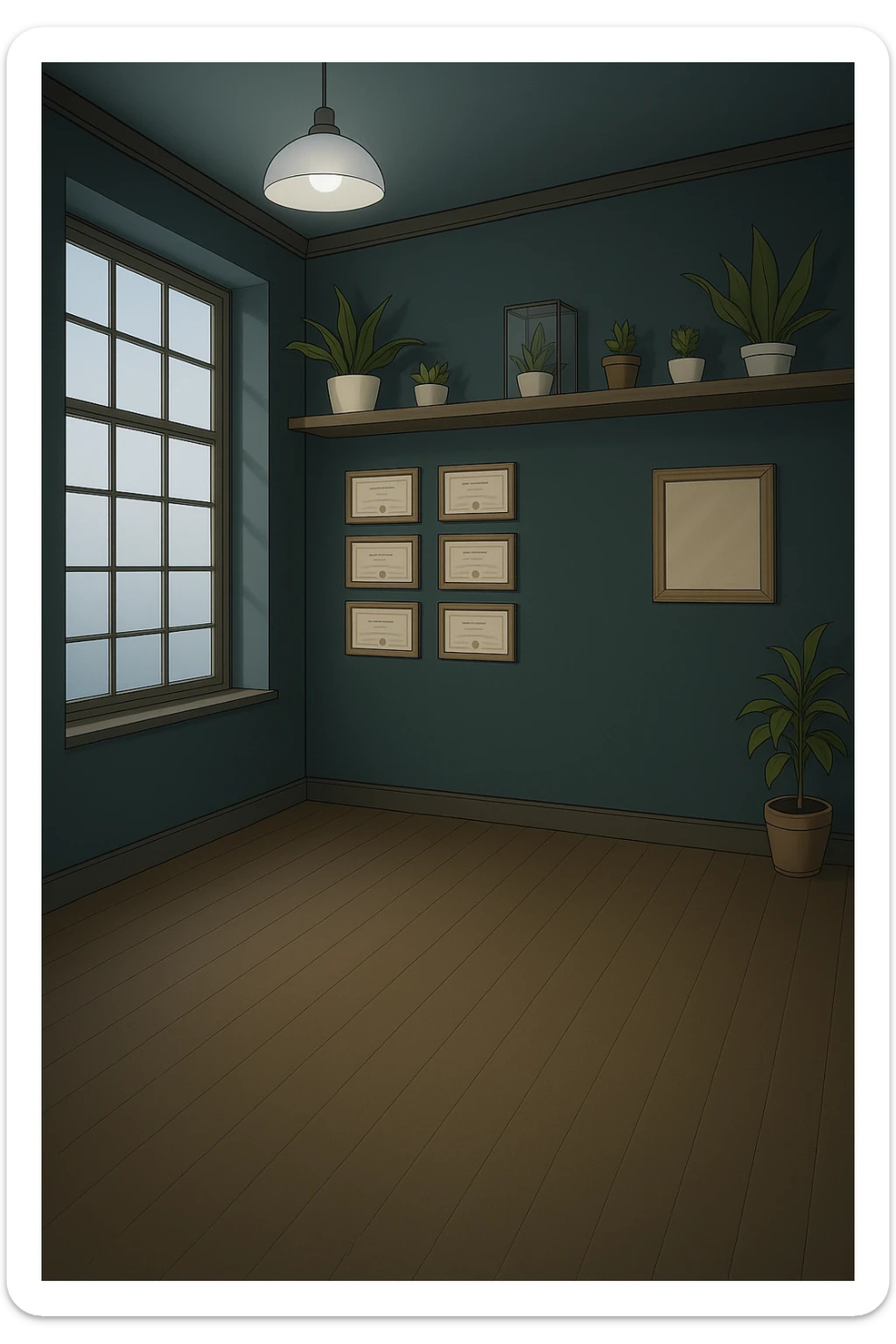 PRENDI SPUNTO DAI COLORI E DALLO STILE DELLA STANZA CON L'UOMO CON IL CAMICE E faMMI QUESTA STANZA VUOTA STILE MANGA/WEBTOON A COLORI SENZA LE PERSONE, SOLO LA STANZA. FALLA MOLTO PIù LUMINOSA, NON LUCI GIALLE sticker