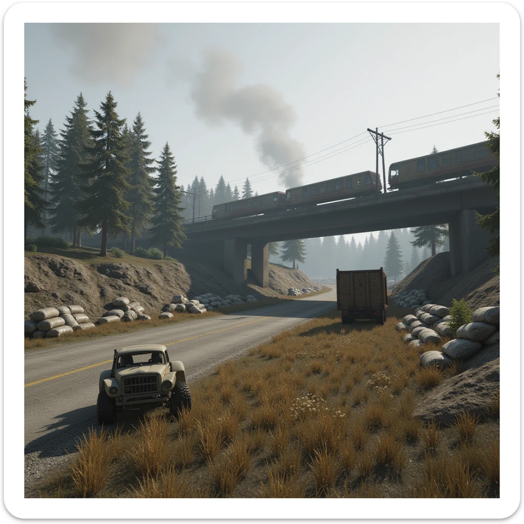 a screenshot of a location in a videogame  the image of the scene consists of:  [above-ground train freeway partially collapsed], a wooded area, a small field of wheat, sandbag barricades. distant smoke. uneven terrain, derelict vintage work trucks, more distant smoke. polluted and war-torn sticker