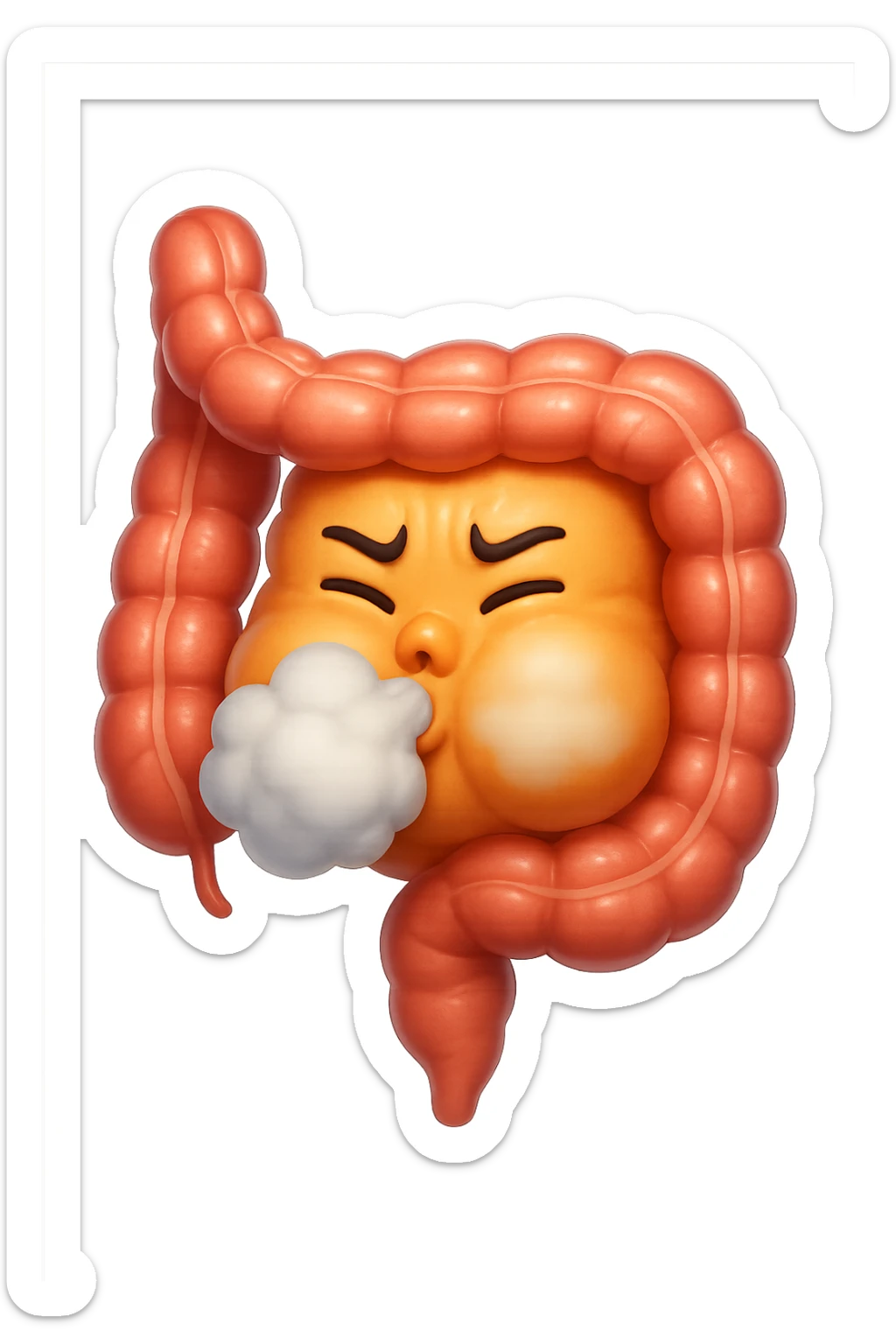 emoji stile iphone di un intestino che ingoia una nuvoletta di aria ben visibile e gli si gonfia la pancia, non fargli il naso, iperrealistico 4k sticker