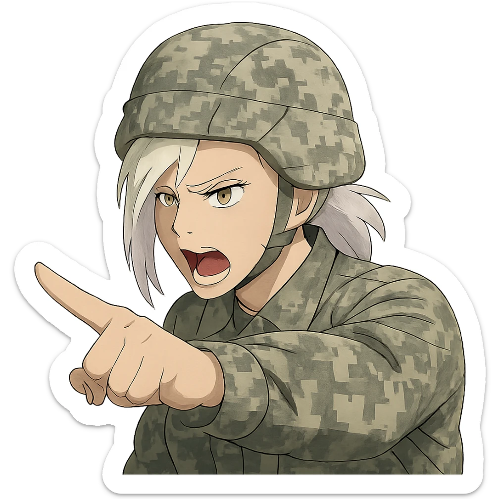 Style of Anime, 1 female, gold yellow eyes, white hair lavender tips, locks in front, mohawk, long white braid, she is a drill sergeant at work, focused facial expression, shouting command, eyes looking down in front of her, pointing a blade hand gesture to the forward direction, uniform of gray large scale digital camo. her head is covered with a PAGS style wrapped ballistic helmet sticker