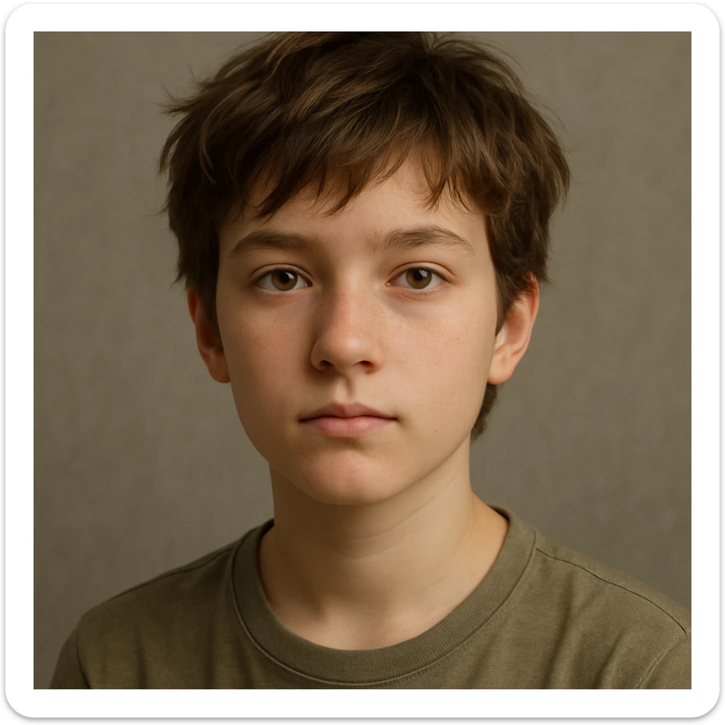 3D illustration of a young person with short tousled brown hair, light skin, neutral expression, realistic and detailed style, inspired by the reference image sticker