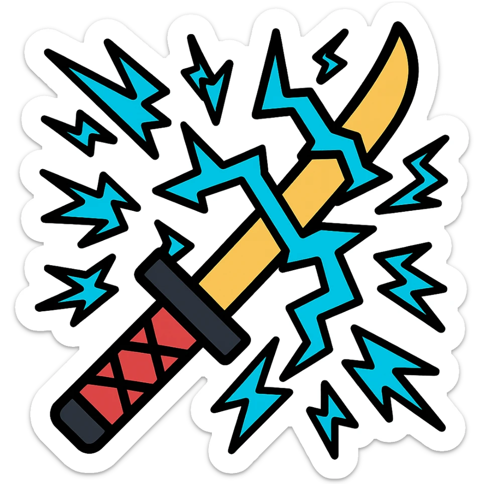 Add more intense blue lightning bolts around the katana, with varied shapes and directions, no background, keep icon style consistent with lineal color icon with black outlines. sticker