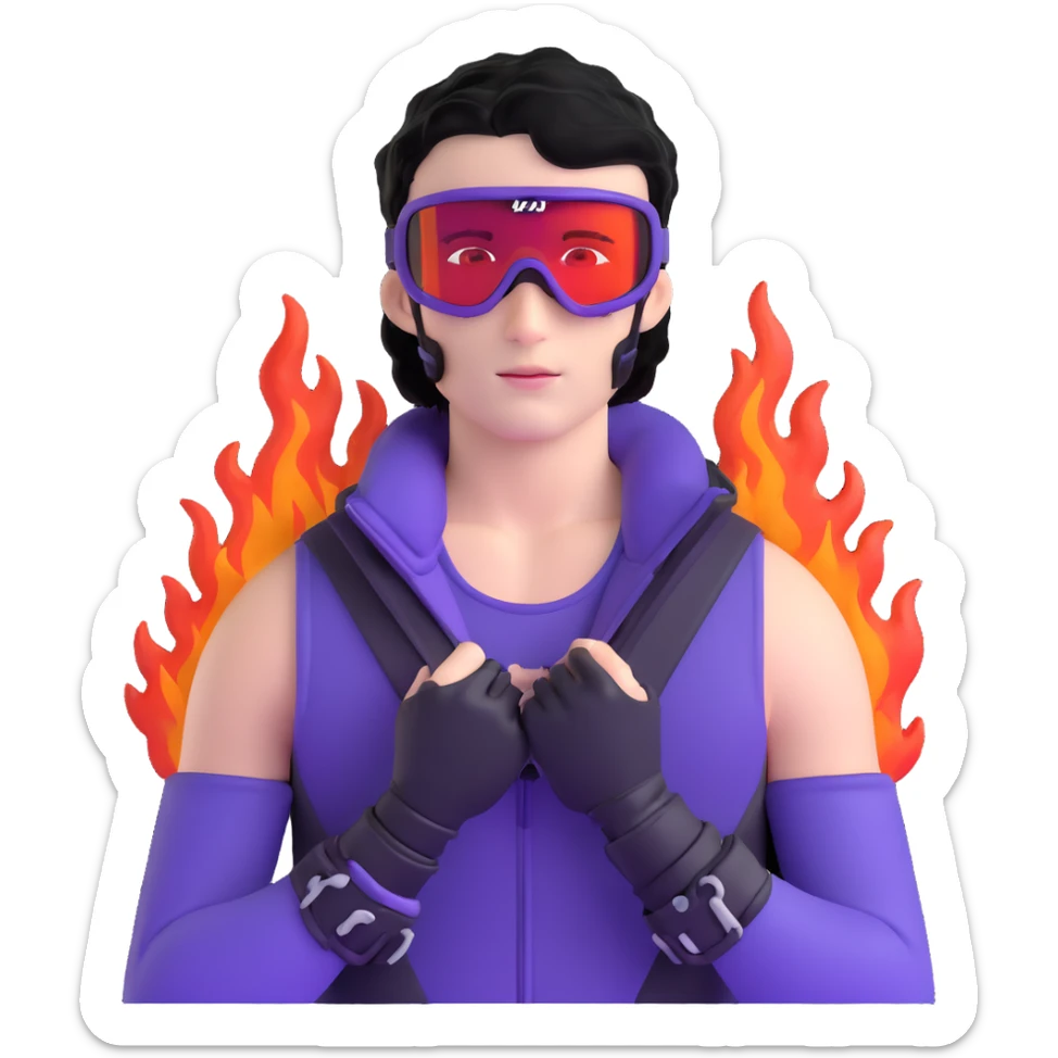 male athlete with white skin and moderately curly black hair on top with shaved sides, wearing ski goggles with purple frames and very dark black lenses, a simple plain black chain necklace, and a completely unzipped sleeveless vest with purple and black sequin fire pattern design, fully revealing his chest, shoulders and arms, no earrings sticker