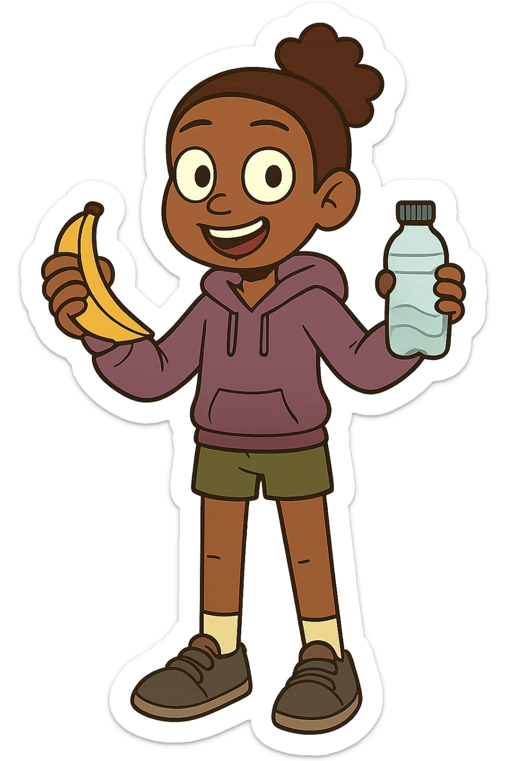 Change this image into a young fit and healthy black girl holding a banana and wearing shorts and a hooded jumper sticker