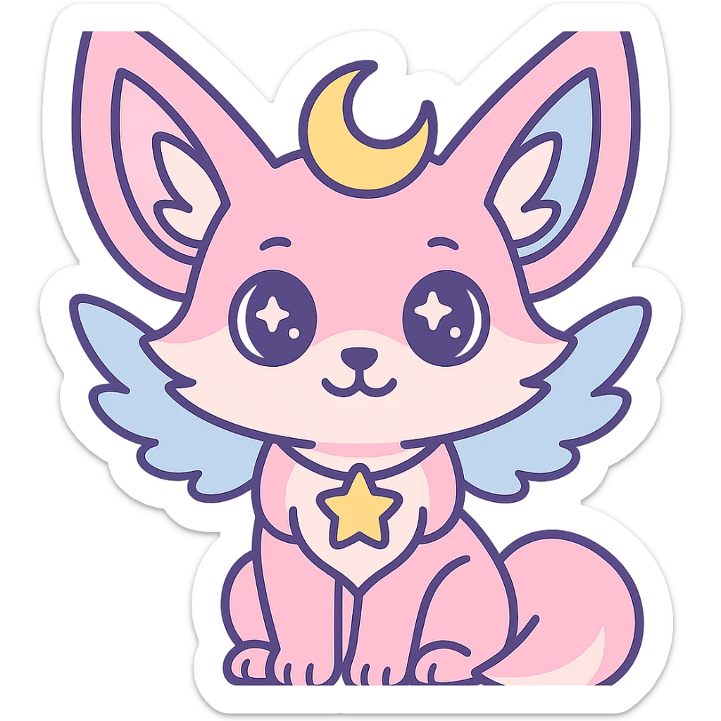 Transformer cette illustration de fennec magique kawaii en emoji expressif, style kawaii, fond transparent, garder les couleurs pastel et les accents féeriques. sticker