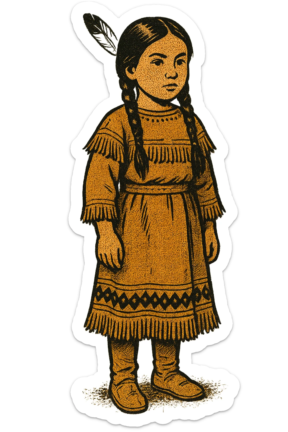 A standing young native american girl from the 1860s wearing her traditional native american clothing sticker