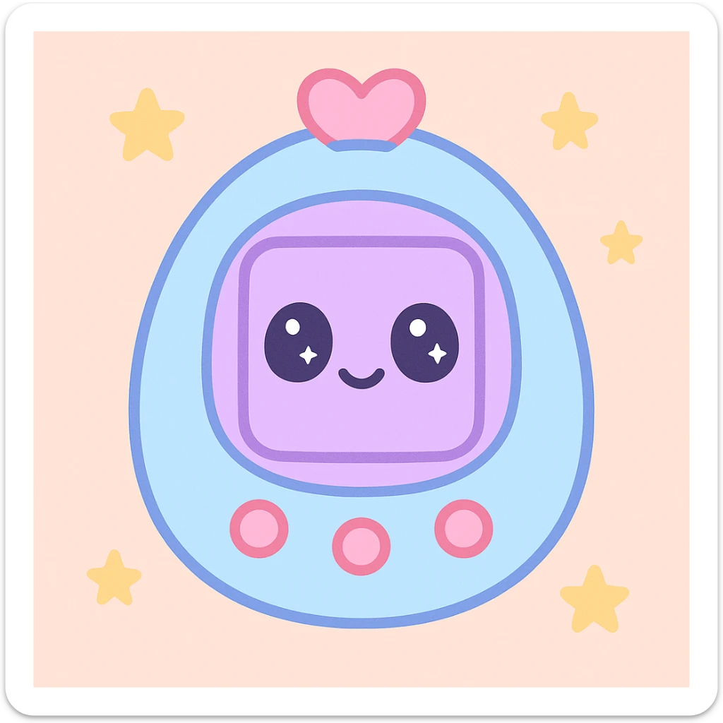 Tamagotchi virtual pet device, kawaii style, pastel colors, adorable face on the device sticker