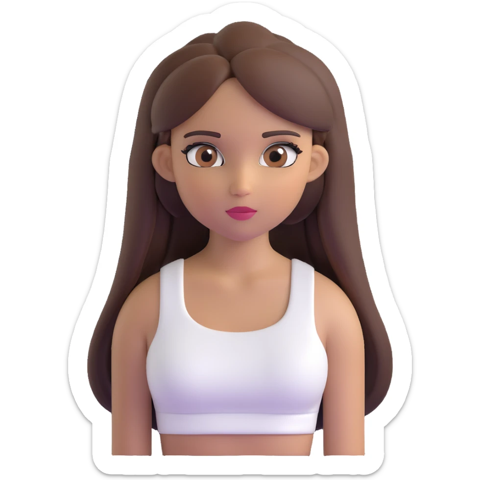 beautiful girl, long straight brown hair, brown eyes with lashes, wearing a white crop top, tan skin sticker