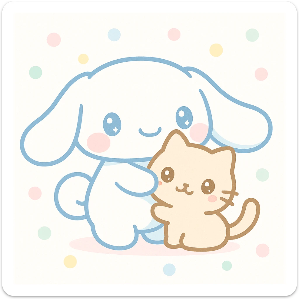 Cinnamoroll hugging a cat, kawaii style, soft blue and white, adorable and friendly sticker
