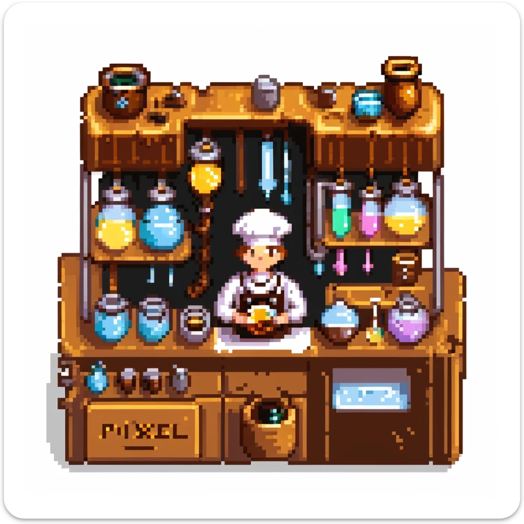 Ein Bäcker mit einem Labor aus Zuckerglas, Karamellrohren und Honigflüssigkeiten. Die Umgebung wirkt wie ein süßes Steampunk-Labor. Interface-Elemente imitieren klebrige Texturen, mit tropfenden Effekten und glänzenden Bonbonfarben sticker