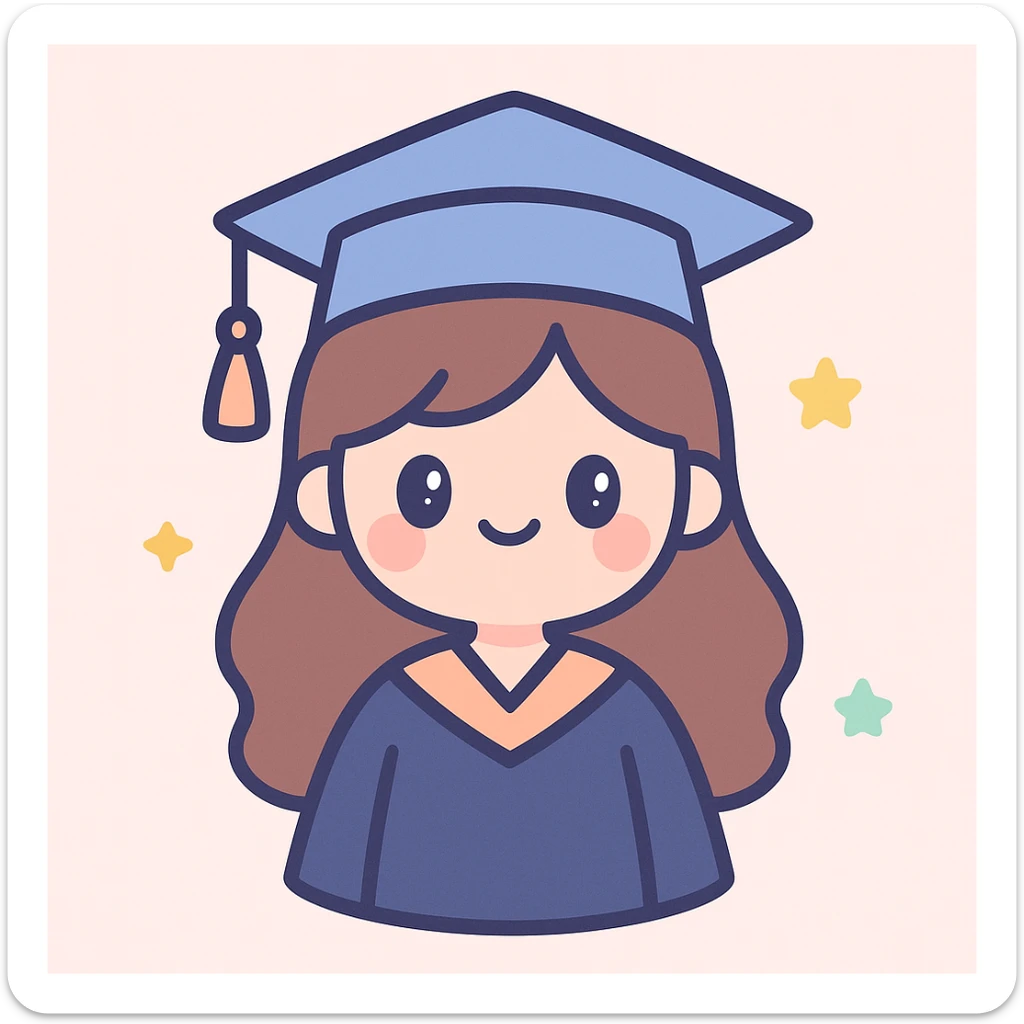 girl with long brown hair smiling wearing graduation hat and robe, cute cartoon style sticker