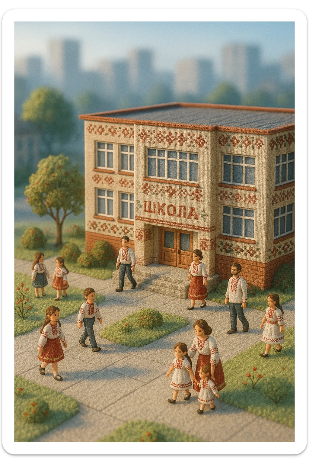 Tilt-shift 3D diorama of a modern Ukrainian school, embroidery-inspired style, with students and teachers. Cool morning lighting, dreamy calm atmosphere, blurred cityscape in the background. sticker