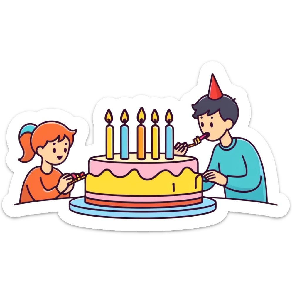 a person blowing out candles on a birthday cake, cartoonish sticker style sticker