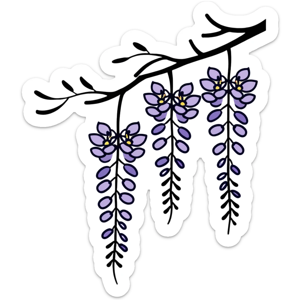 Artistic Japanese wisteria (fuji) flower with sumi-e inspired brush strokes, hanging lavender bloom clusters, zen minimalist aesthetic with subtle ink wash background sticker