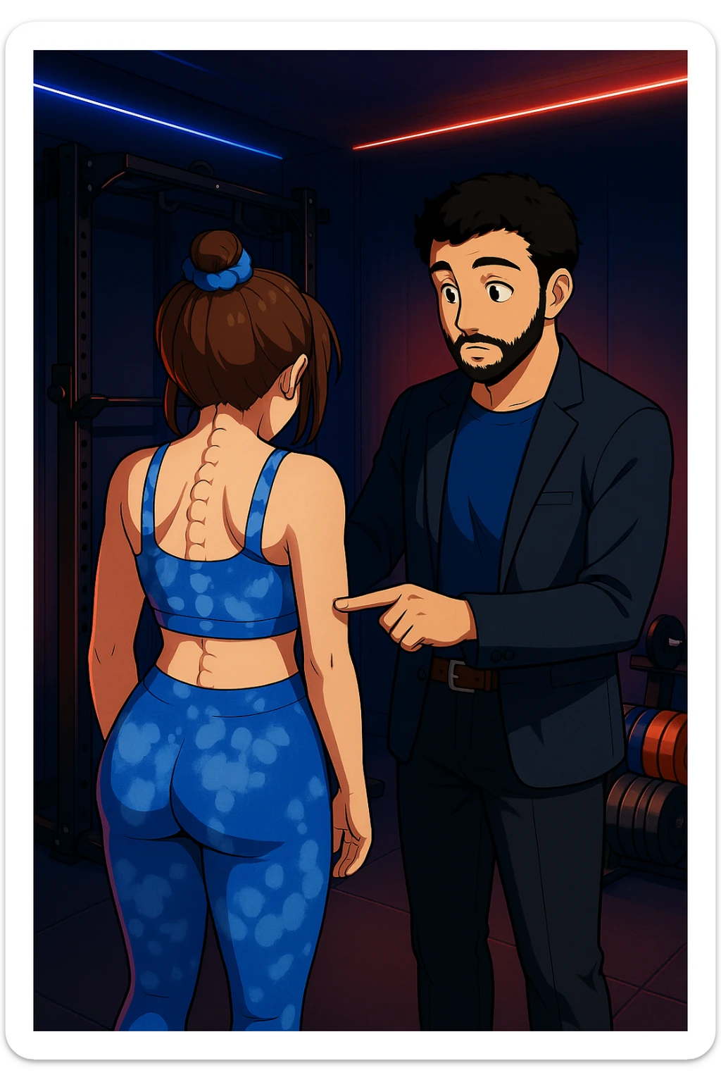 ispirati a questo stile di disegno e fai questa immagine in versione manga/webtoon a colori, il manga mostra la donna di spalle, mentre l'uomo le tocca la spina dorsale per spiegarle come funziona la scoliosi:
Con una scoliosi il baricentro corporeo cade maggiormente da un lato; per non cadere la schiena compensa accumulando tensione sul fianco opposto.
Il risultato? Si inclina e ruota sempre più, fino a che non cede (discopatie, artrosi, ecc) sticker