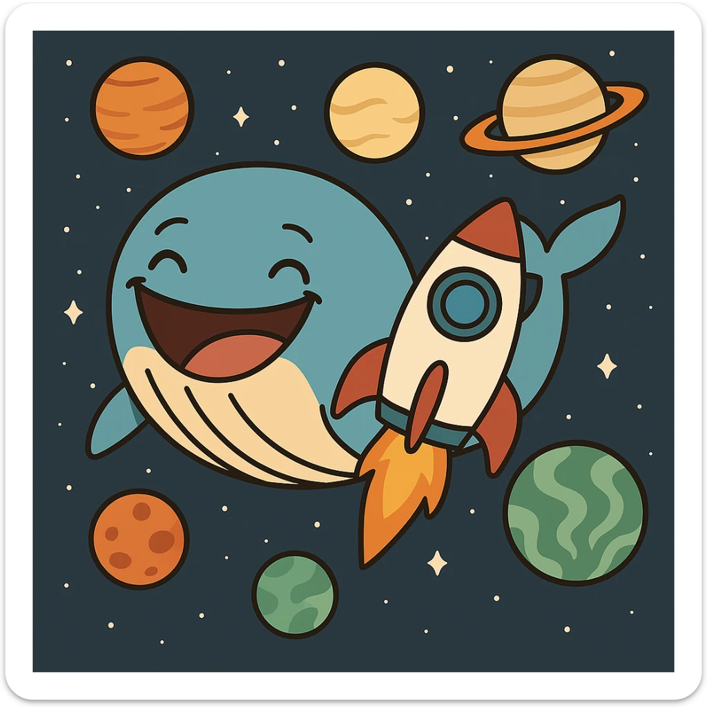 Add a cartoon rocket ship next to the smiling whale in space, keeping the cartoon style and planets. sticker