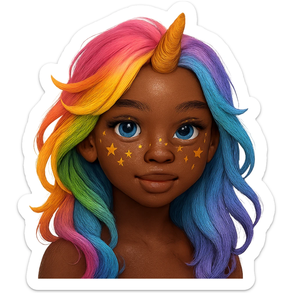 a girl with rainbow hair, a gold unicorn horn, blue eyes, dark skin, and star-shaped freckles sticker