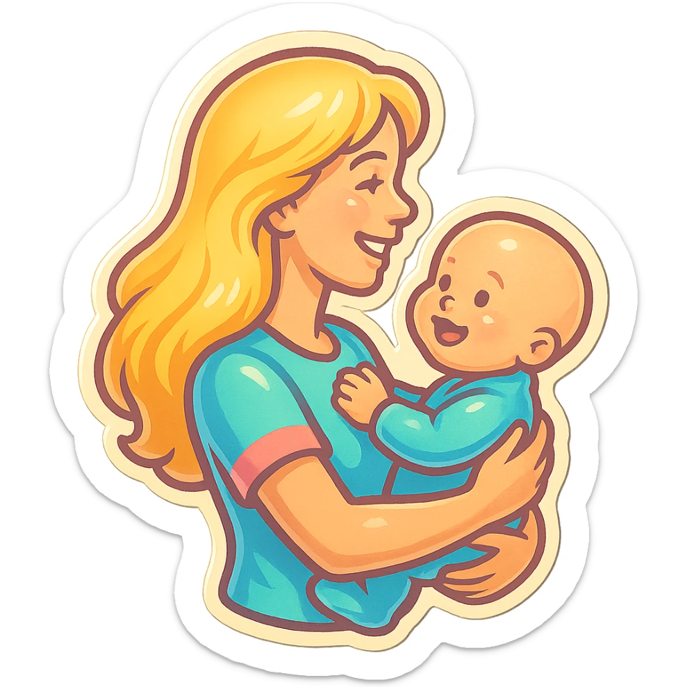 young woman with long blonde hair holding a baby in her arms, smiling and looking forward, side view, retro stickers style, thin clean outlines, soft rounded shapes, pastel palette, retro sticker aesthetic, detailed shadows and highlights, soft lighting sticker
