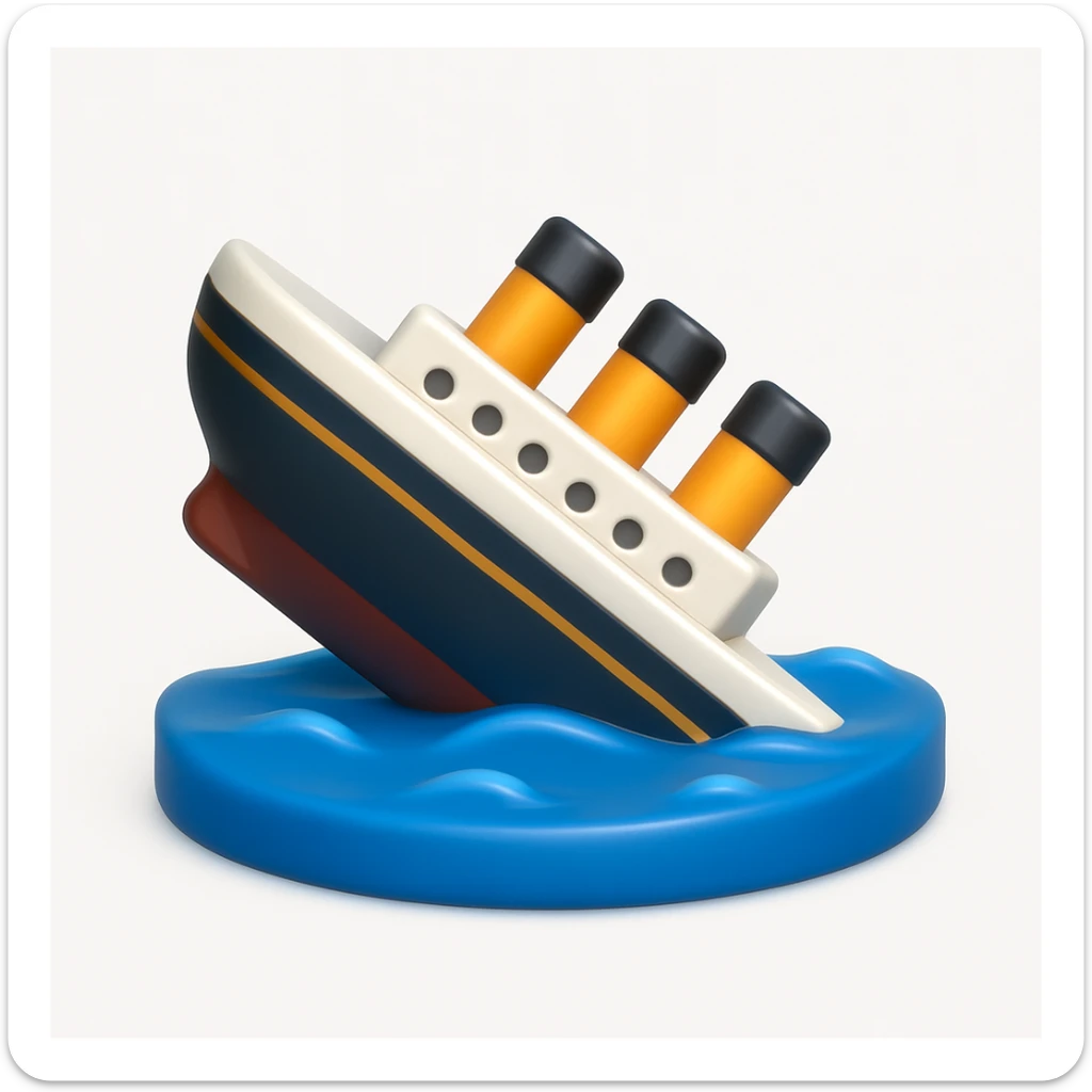 A 3D emoji in iOS emoji aesthetic style of a sinking ship, half-submerged in blue ocean water, tilted downward with small waves around, soft lighting and glossy Apple-style finish, clean white background.


 sticker