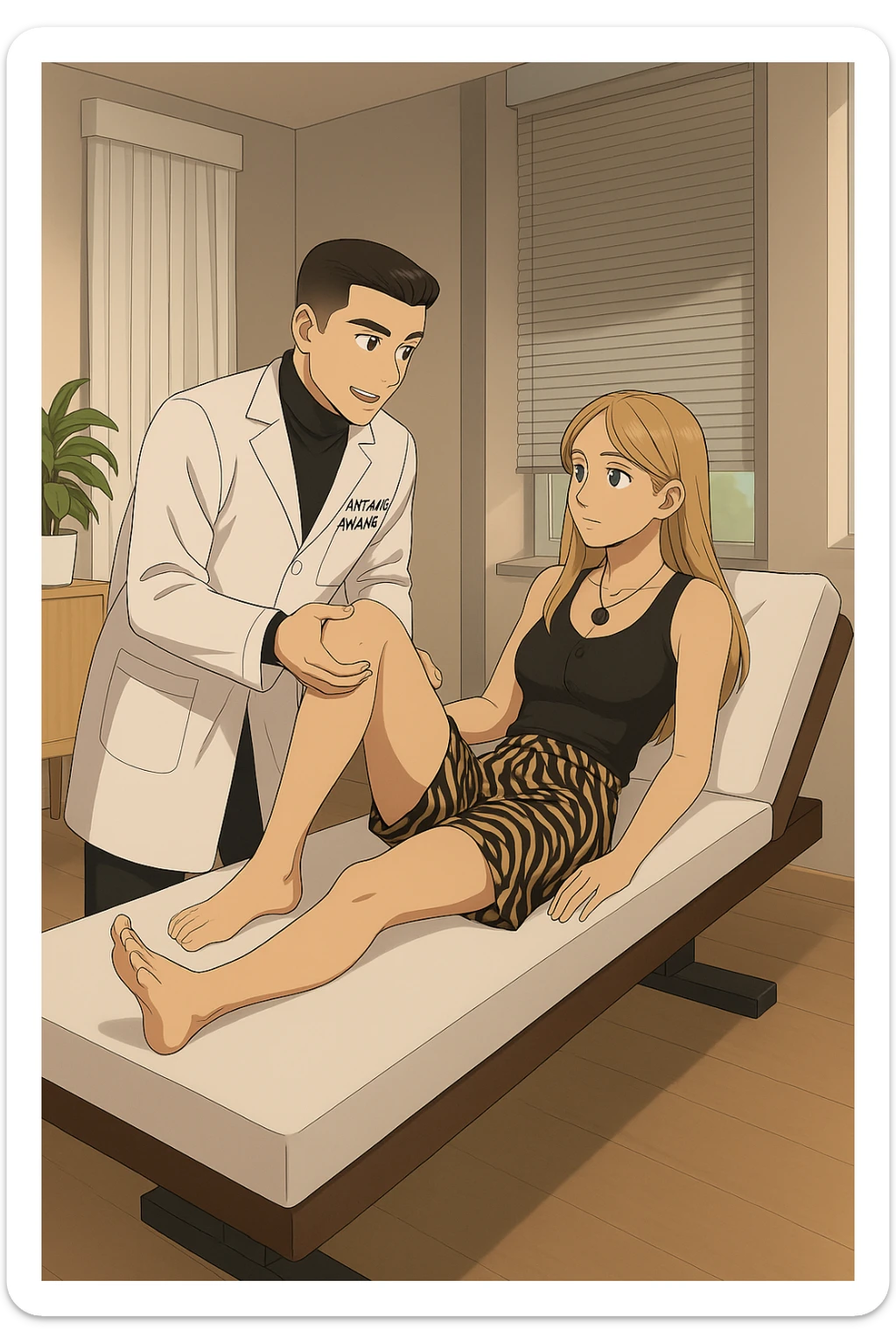 fai un webtoon/manga a colori con questo kinesiologo in camice bianco (fagli la scritta "ANTONIO ANANIA" SUL CAMICE) CHE SVOLGE UN TEST NEUROMUSCOLARE SOLLEVANDO UNA GAMBA ALLA RAGAZZA CHE è STESA SU UN LETTINO BIANCO. STANZA SEMPLICE E MODERNA, DURANTE IL TEST I DUE DIALOGANO TRA LORO. NON FARE I FUMETTI, FAI SOLO LORO COME SE DIALOGASSERO sticker