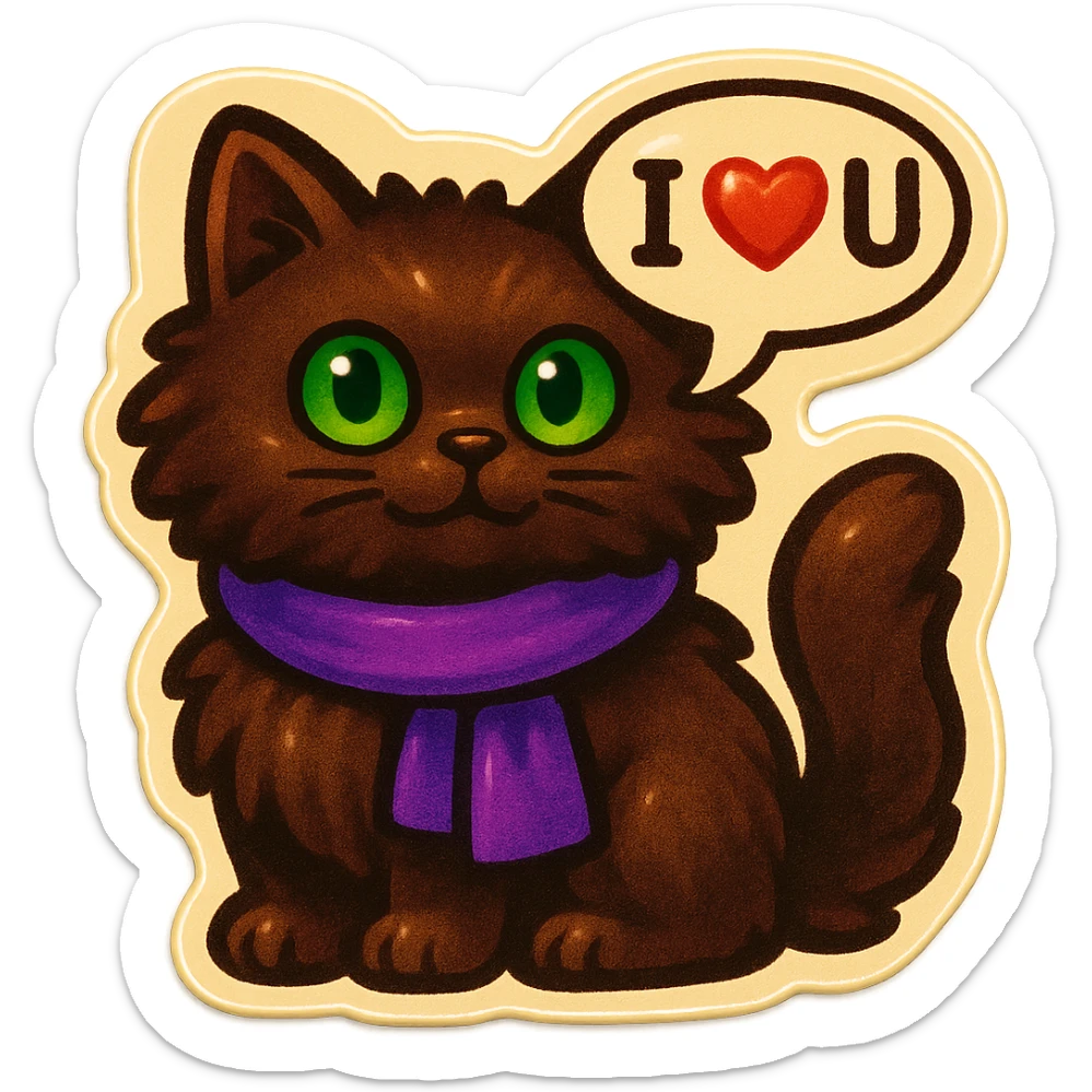 Fluffy dark-brown cat with green eyes and a purple scarf saying ‘I ♡ U’ (with a speech bubble) sticker