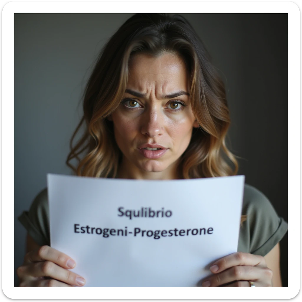 hyperrealistic 4K close-up of a woman with hormonal imbalance looking at a sheet with the text 'Squilibrio Estrogeni-Progesterone', worried expression sticker