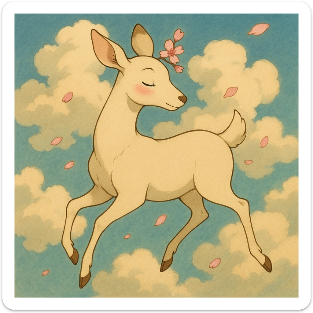 feminine adult vanilla cloud doe with rosy cheeks and cherry flowers, floating gracefully, Ghibli style sticker