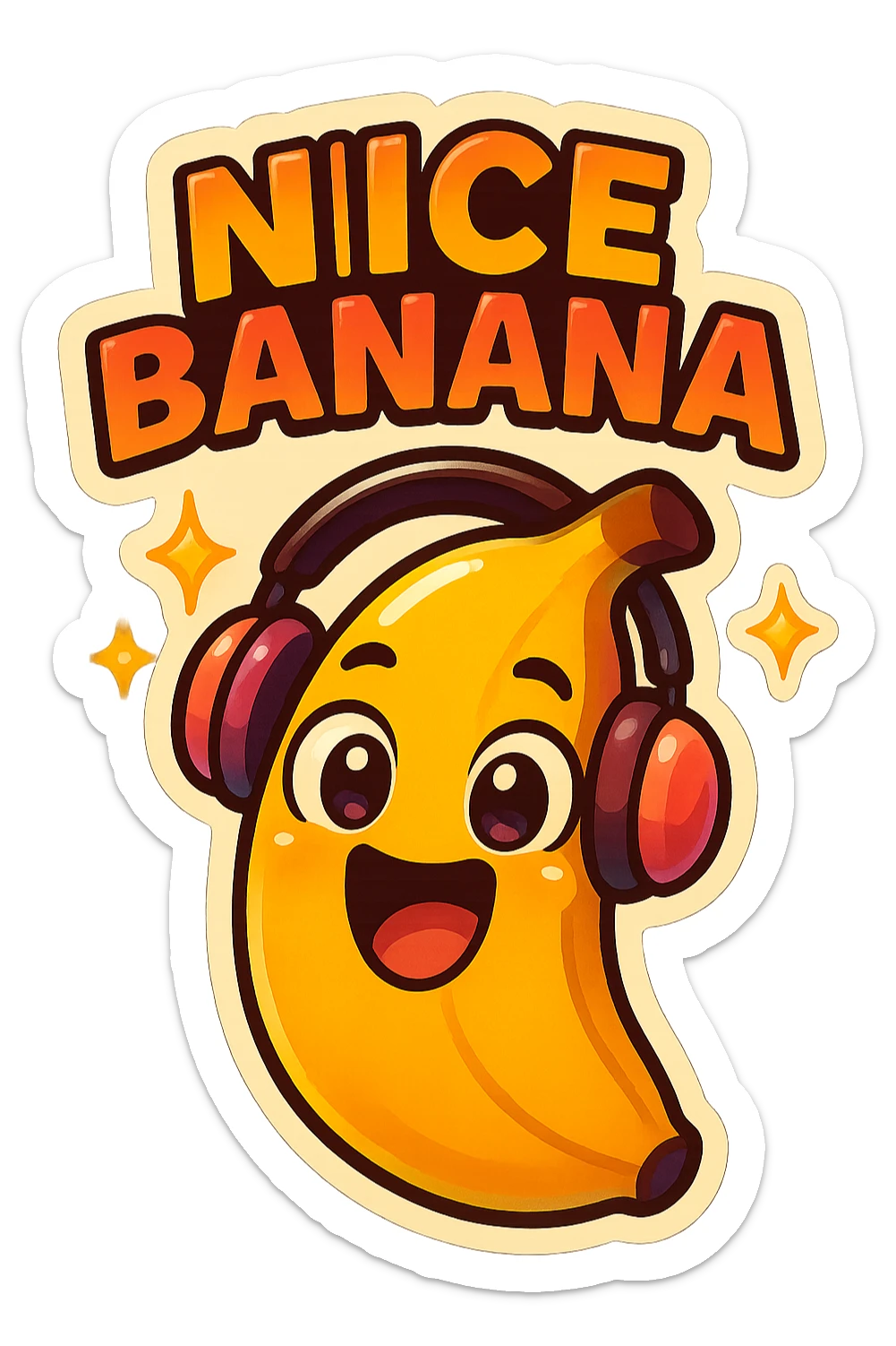 Funny cartoon banana, big happy smiling face, wearing tiny headphones, wide excited eyes, tiny sparkles around, text above: "NE BANANA", chibi style, Twitch emoji style, colorful, transparent background sticker