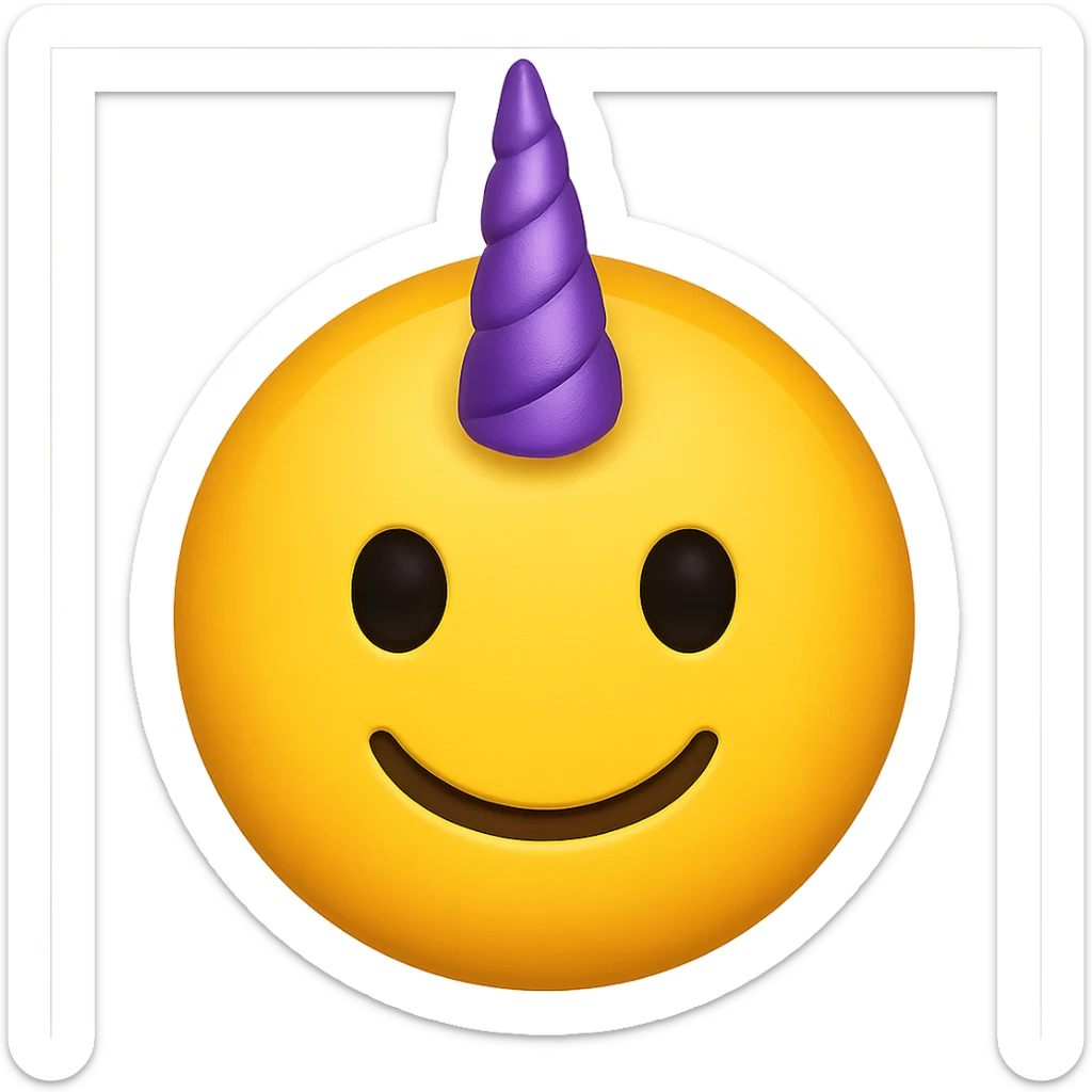 yellow face with purple unicorn horn, digital illustration, emoji style sticker