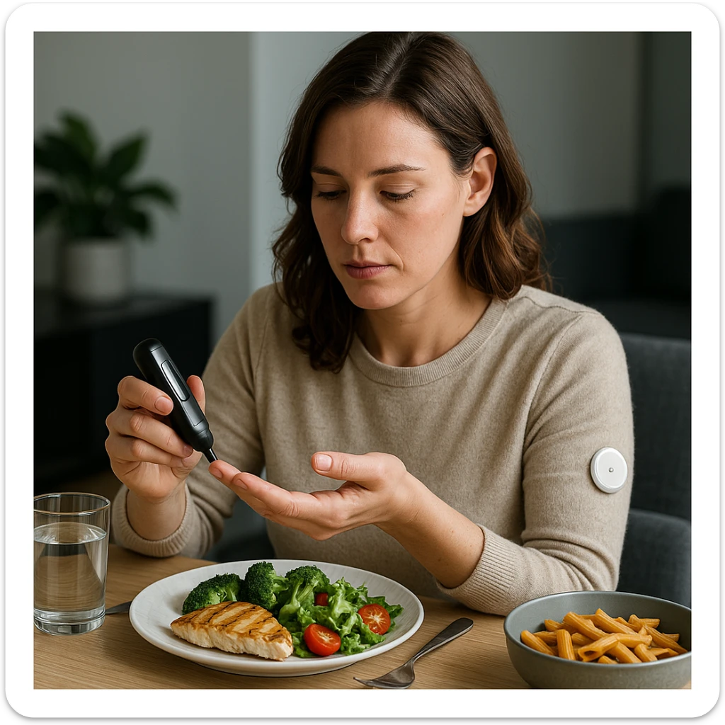 a hyper realistic scene of a woman checking her blood glucose level at every meal, sitting at a modern table with food, realistic details, focus on the gesture of glucose monitoring, modern atmosphere sticker