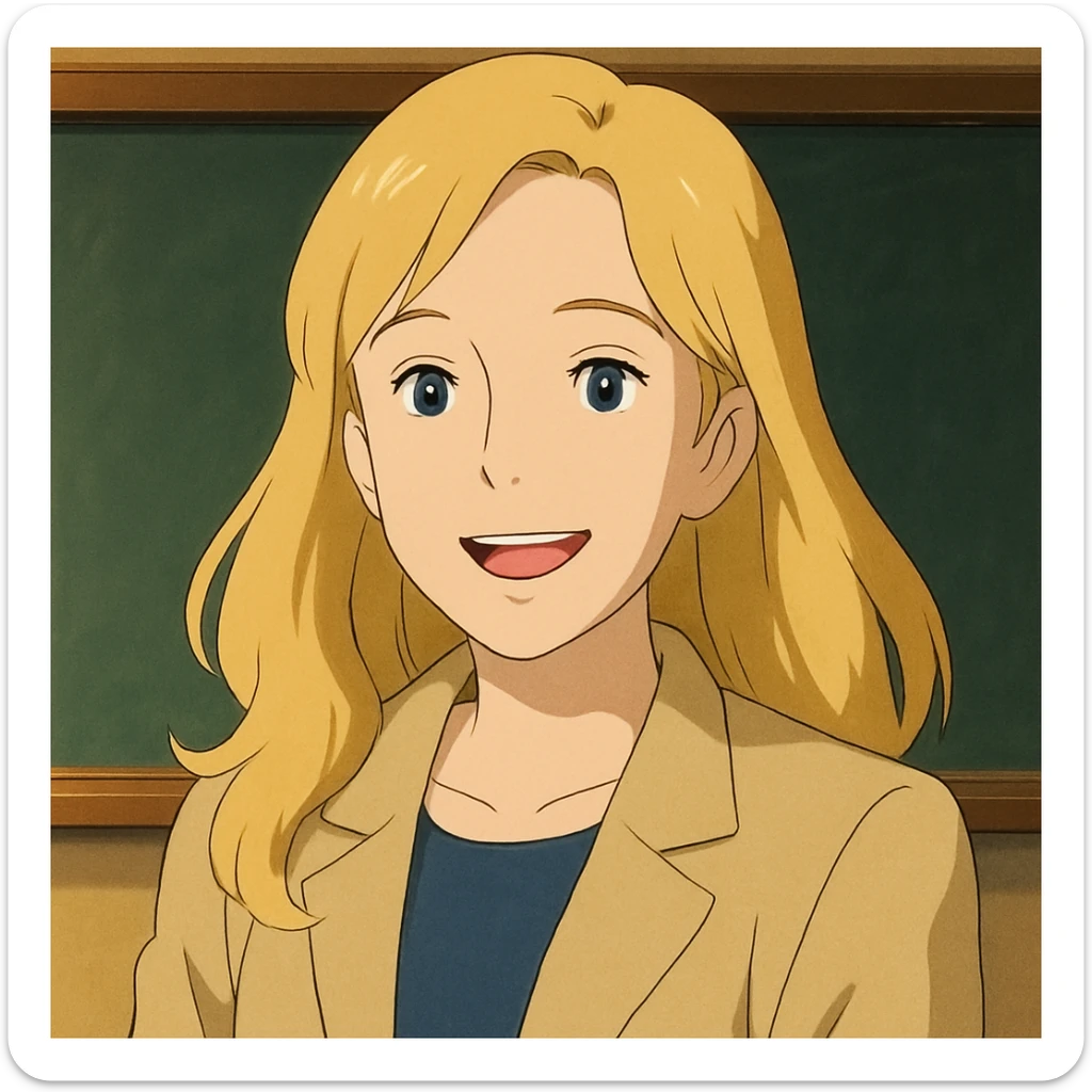 profesora rubia de pelo largo, piel clara, estilo ghibli, sonriendo sticker