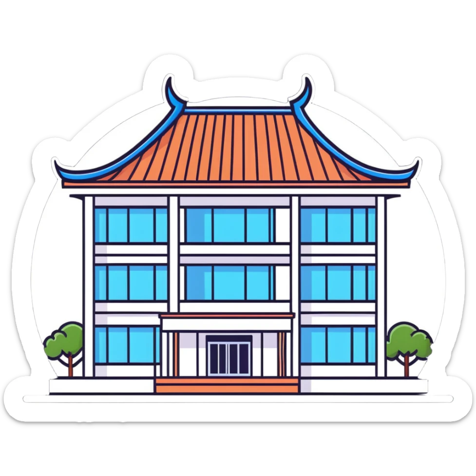 Bangkok hospital with traditional Thai roof details and modern medical facility sticker