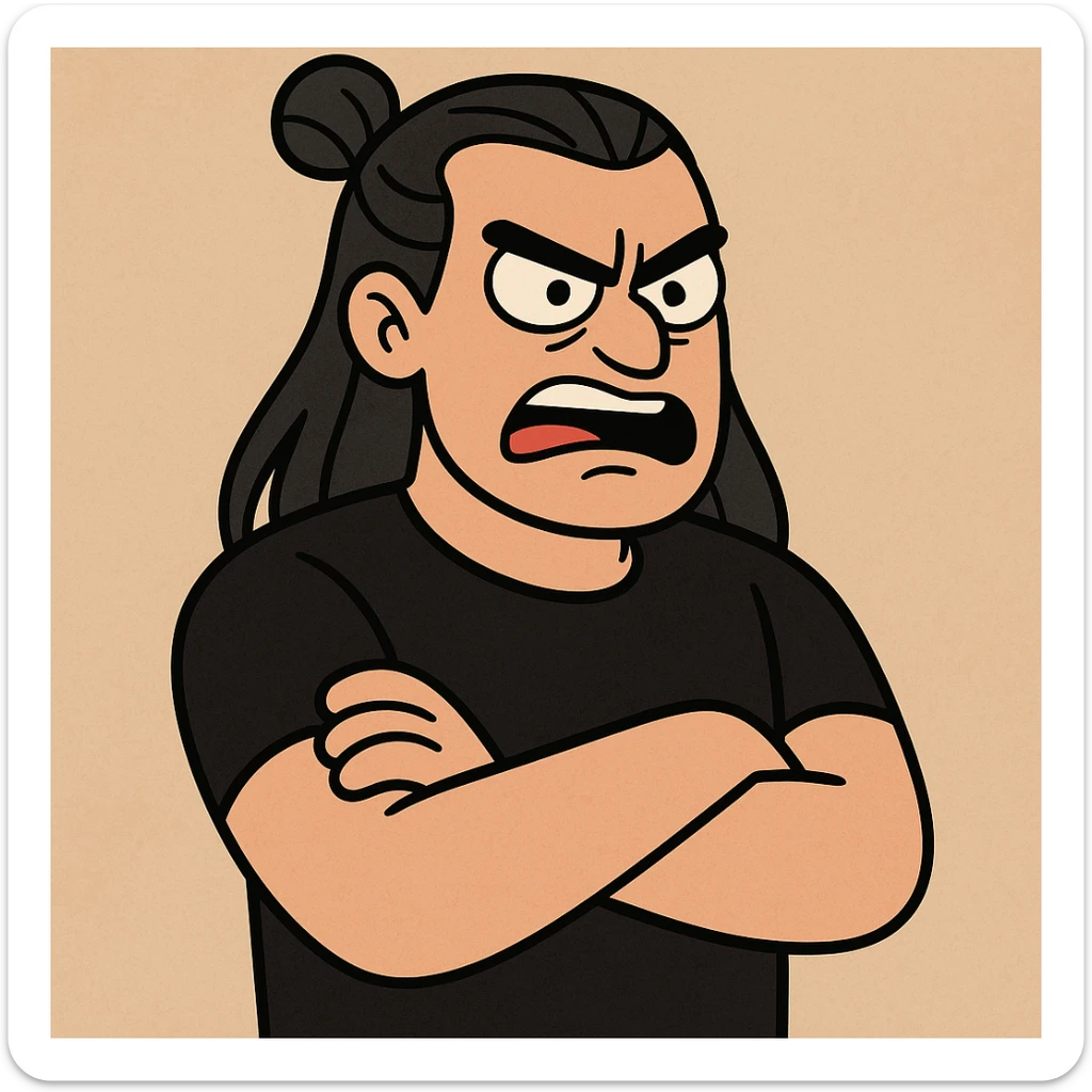 cartoon style angry man with long black hair tied in a bun, arms crossed, wearing black clothes sticker
