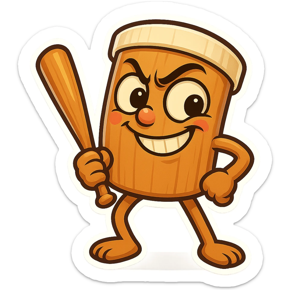 chibi emoji of Tun Tun Suhoor, wooden stick body with smooth brown texture, drum-like cylindrical body, holding baseball bat, cartoon style, bright vivid colors, expressive face, dynamic pose, a bit creepy yet funny,  sticker