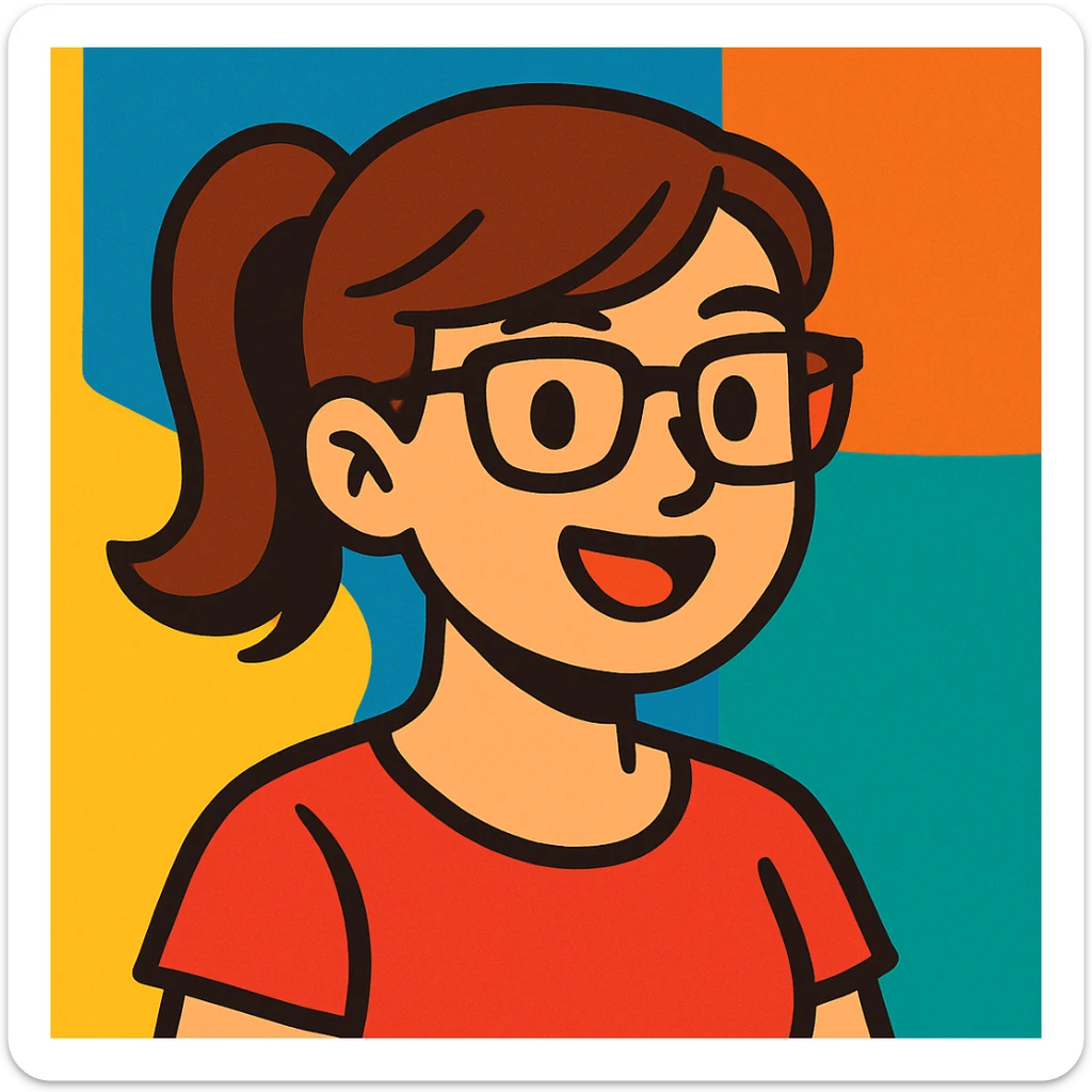 a woman with chestnut hair tied in a ponytail and black frame glasses, vibrant cartoon style sticker